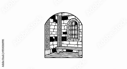 Interior of a stone room with a barred window and wooden bench