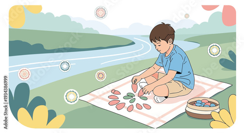 Boy Playing with Petals and Leaves in Nature
