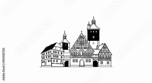 Line drawing of historic European town buildings with varied rooflines and windows