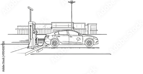 Line drawing of an electric car charging at a station in front of a building