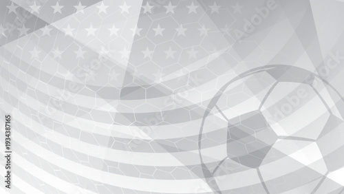 A soccer ball is centered on a background of the USA flag in shades of gray, with abstract, curved lines and stars.