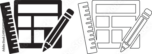 vector icon features a drafting tool set with a blueprint layout, ruler, and pencil, representing architectural design and construction planning in silhouette and outline styles.