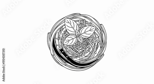 Overhead view of pasta nest with basil garnish and grated cheese