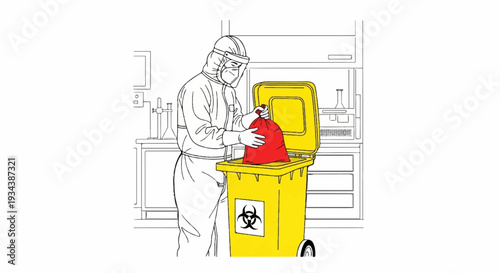 Person in protective gear discards red bag in biohazard bin