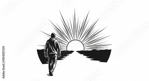 Person walks towards a bright sunrise over a path and hills