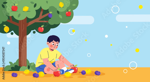 Boy Sitting Under Fruit Tree Picking Apples, Lemons, Plums - Flat Illustration