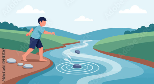 Boy skipping stones on a winding river in a scenic landscape illustration