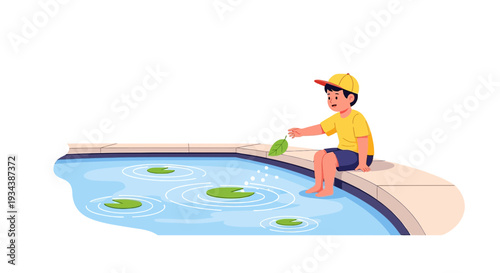 Boy Sitting Poolside Playing with Lily Pad
