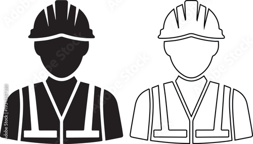 vector icon set features a construction worker avatar wearing a safety hardhat and high-visibility vest in solid black silhouette and line outline styles for industrial design.