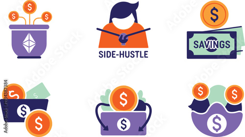 Financial icons represent different methods for growing money, including cryptocurrency.