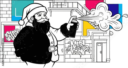 Santa Claus sprays graffiti on a brick wall with abstract colorful shapes