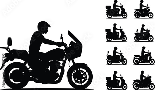 Motorcycle rider silhouettes collection isolated on white background, delivery scooter and sport bike side view, urban transportation vector illustration set