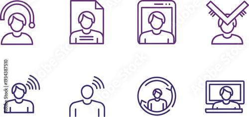 Various outline icons depict user profiles interacting with technology and communication.