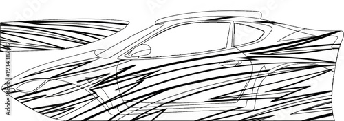 Sketch of a sporty coupe with a dynamic, abstract graphic overlay