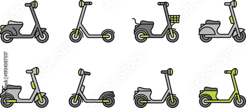 Set of distinct electric scooter variations showing various urban personal mobility.