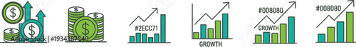 Various illustrations of ascending bar charts depicting successful financial growth.