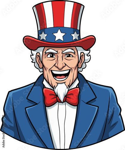 Smiling Uncle Sam Cartoon Character in Patriotic Attire.