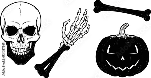 Spooky Halloween illustration with a skull, bone, jack-o'-lantern, and skeleton hand