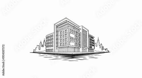 Sketch of modern multi-story buildings with windows and reflections on water