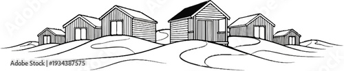 Sketch of coastal cabins on sand dunes with winding paths