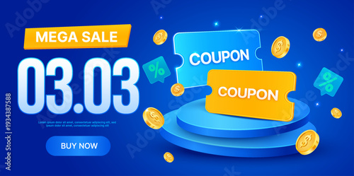 Mega sale 3.3 promotion banner with blue and yellow coupon tickets on a podium, gold coins, and percentage icons on a bright blue background. March 3 gift voucher banner template in 3d vector. Vector