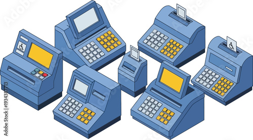 Isometric illustration showcasing a diverse group of electronic cash registers and point of.