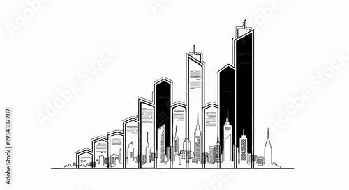 Stylized black and white sketch of a city skyline with varying heights