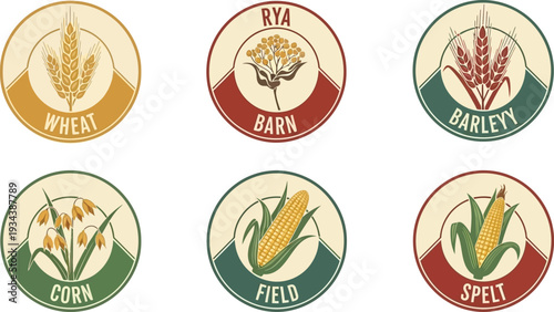 Six vintage circular emblems showcase different types of cereal grains used in agriculture.