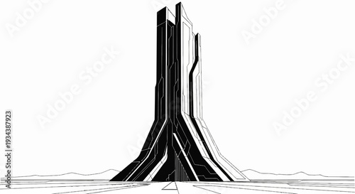 Towering futuristic skyscraper with sharp geometric lines and dark accents