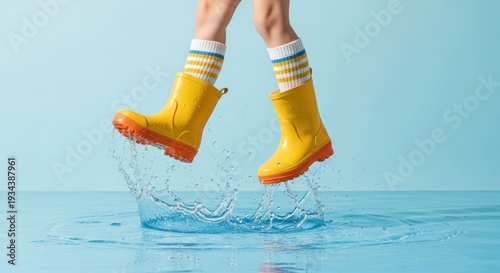 Yellow boots splash in blue water. Happy!