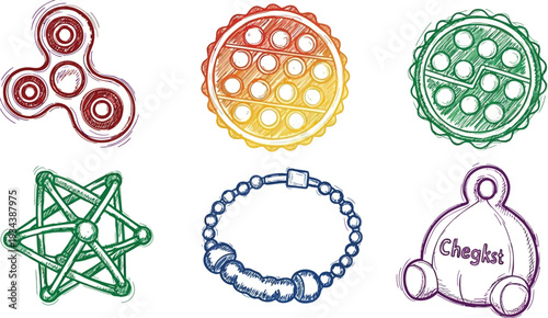 Assortment of textured fidget toys and stress relief gadgets are sketched on white.