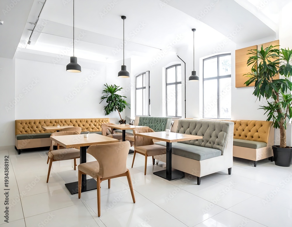 Fototapeta premium Bright, contemporary restaurant interior with booths, chairs, tables, plants, and large windows filling the space with light