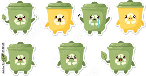 Recycling bins with friendly faces display different moods from happy to crying in green.