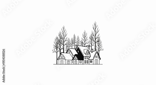 Sketch of houses and bare trees in a wintery scene