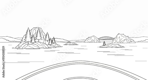 Sketch of a scenic bay with islands, bridge, and foreground archway