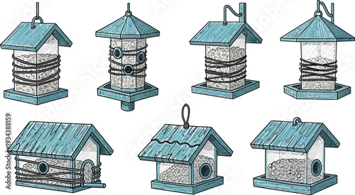Various bird feeder designs including tube and hopper styles are drawn with a distinct blue.