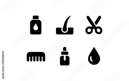 Collection of icons representing hair care products and tools for salon services