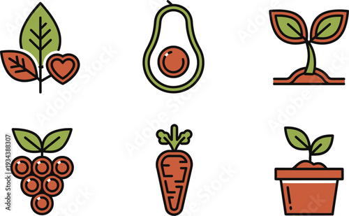 Set of six stylized icons depicting fresh produce and simple plant growth concepts for diet.