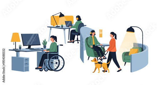 Inclusive Workplace: Diverse People with Disabilities Working, Learning & Engaging in Modern Accessible Office Environment