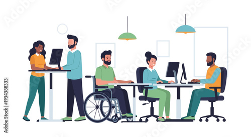 Inclusive Modern Office: Diverse Professionals Collaborate at Standing & Accessible Workstations, Promoting Equality & Well-being