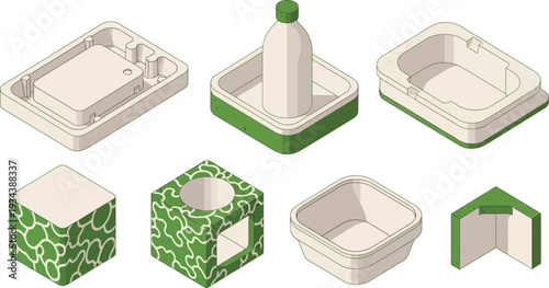 Isometric white and green eco-friendly packaging mockups display various container shapes.