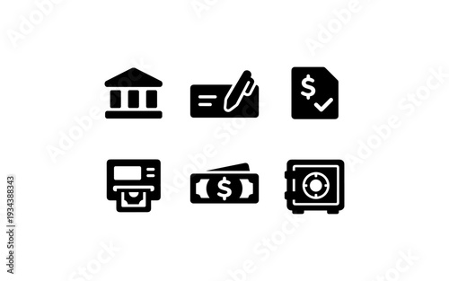 Collection of financial icons representing banking, transactions, and security