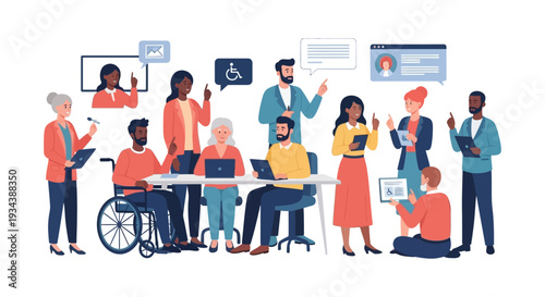 Diverse and Inclusive Team Collaboration: Professionals of all ages and abilities discussing ideas, promoting equality in a modern workplace.