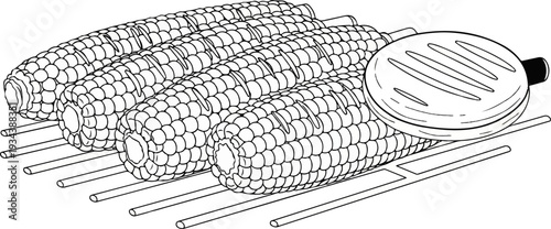 Four ears of corn on skewers grilling on a grate