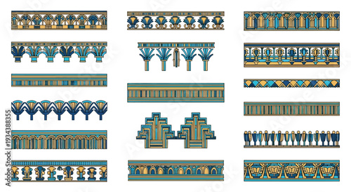 Ancient Egyptian Geometric Borders and Lotus Flower Vector Frieze Patterns