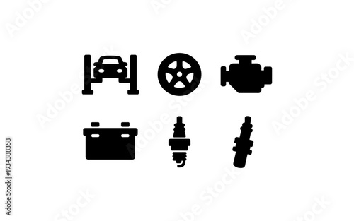 Collection of automotive service icons including car lift, wheel, engine, battery, and spark plugs