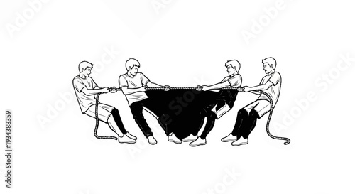 Four young men in athletic wear engage in a vigorous tug-of-war match