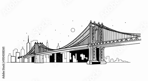 Minimalist outline of a suspension bridge and city skyline under a dotted sky