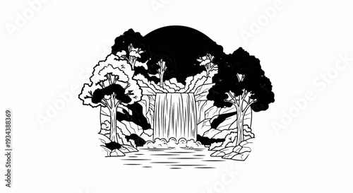 Lush forest scene with a dramatic waterfall cascading into a tranquil pool