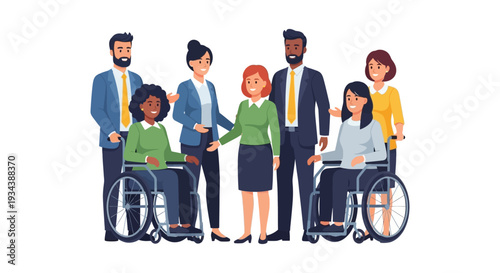 Diverse Business Team Embracing Inclusion & Accessibility with Colleagues in Wheelchairs